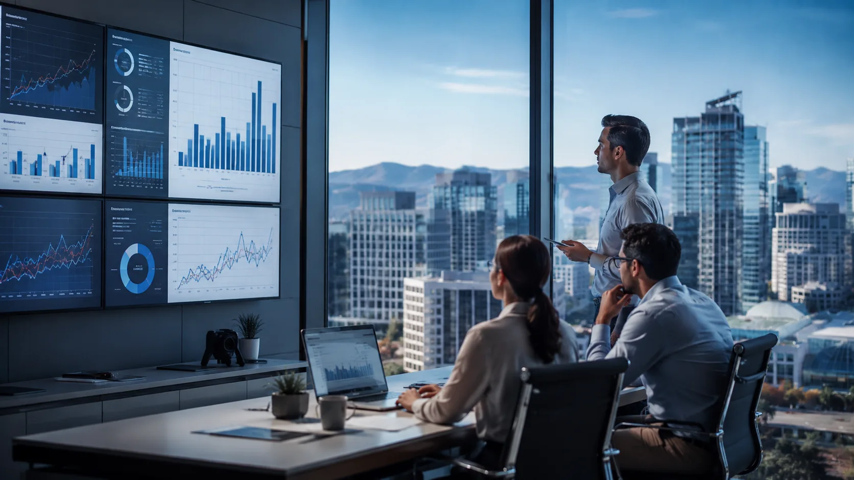 Data analytics team reviewing dashboards and statistical charts