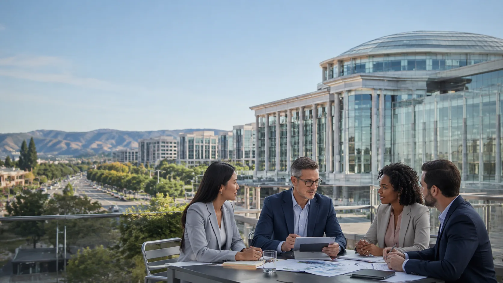 Advisory professionals meeting near a civic and institutional district