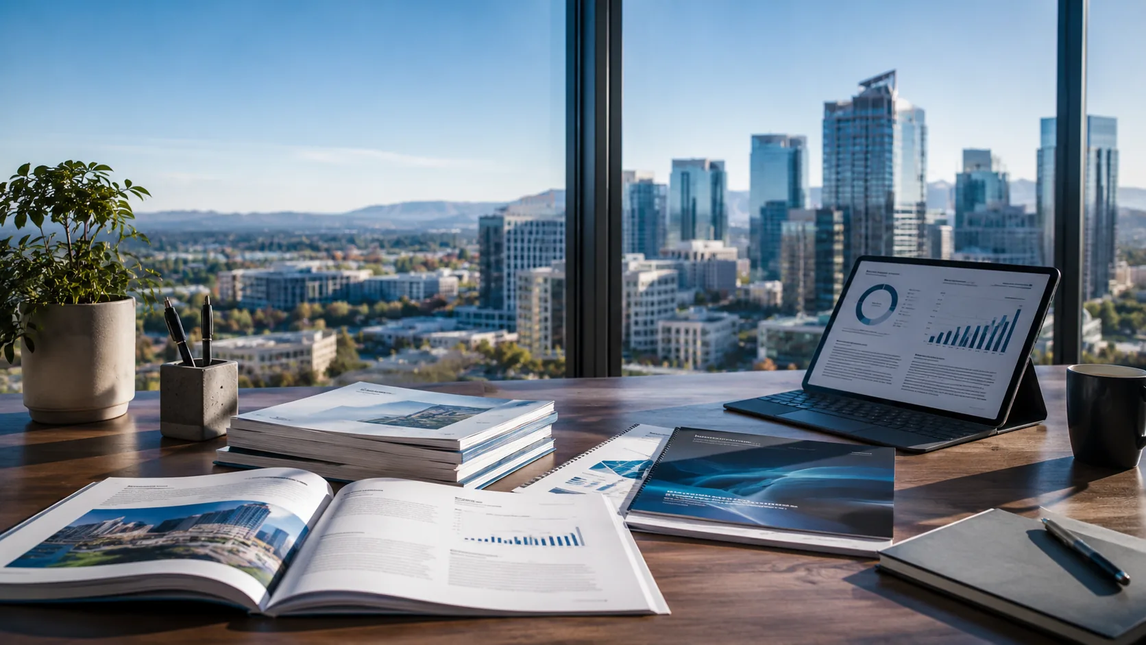 Research publications, analytical reports, and digital evidence in a professional workspace