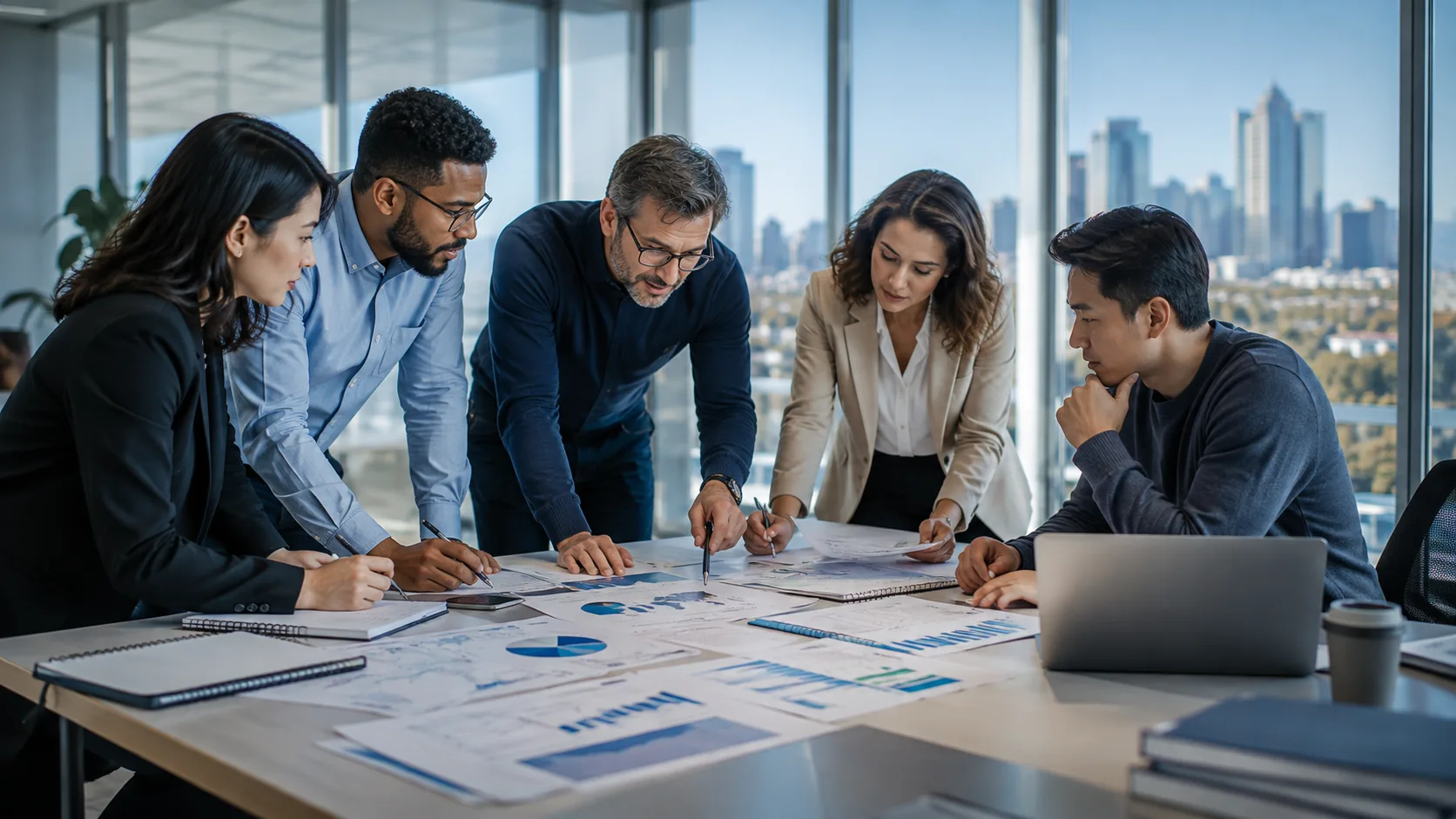 Research professionals reviewing reports and analytical evidence